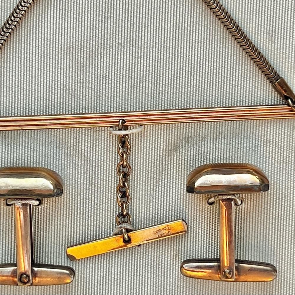 Bigney Tie Bar W/ Chain & Cufflinks gold filled 1/20 12KT VTG NRFB MCM Orig Box - Picture 8 of 12